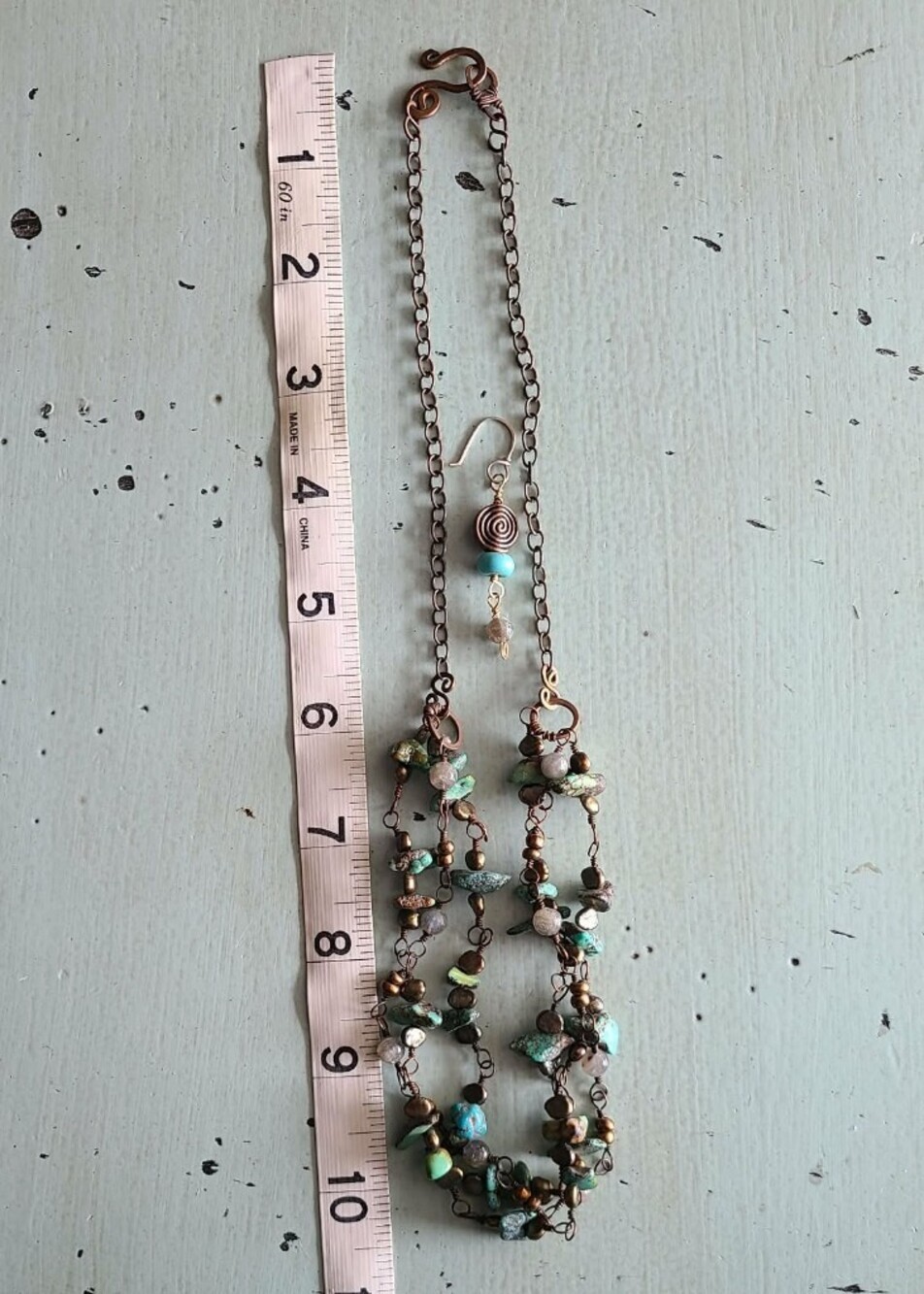Handmade Turquoise Green And Copper Beaded Necklace and Earring Set - Picture 5 of 5